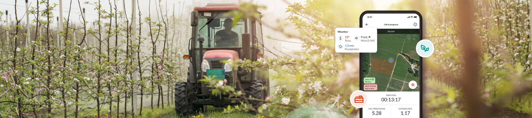 Wide shot of a small tractor driving through an orchard with a smart phone with the Farmable app displayed on it superimposed over it.