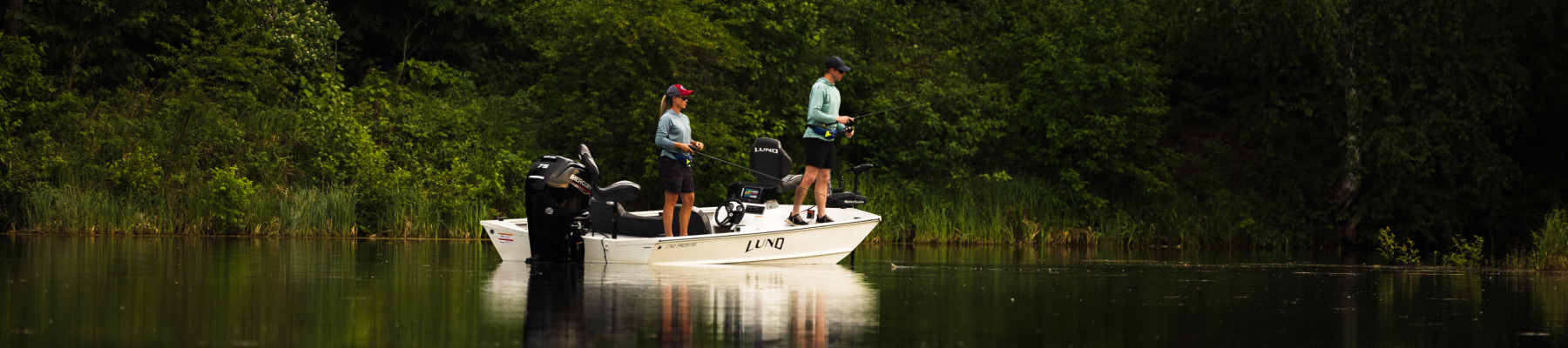 Banner image depicting a man and a woman fishing from a boat in a lake.
