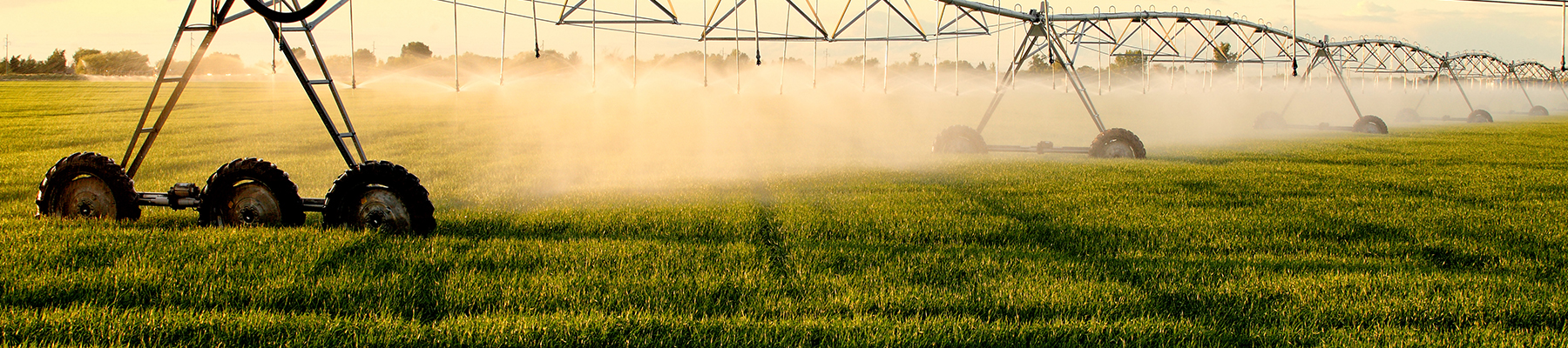 Wide shot of an irrigation system operating in a field.