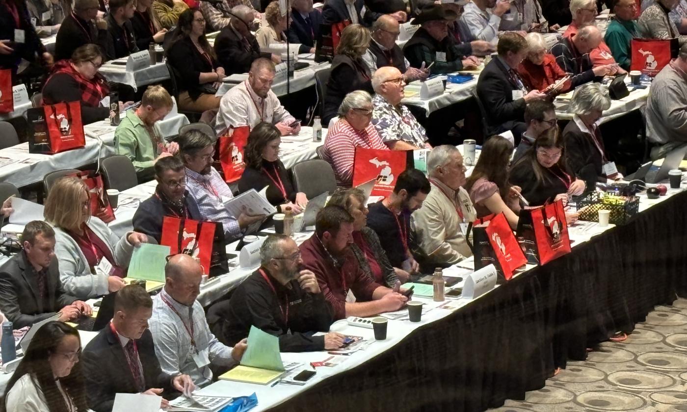 Kent County Farm Bureau delegates on the floor at the morning delegate session at 2023 Michigan State Annual Meeting.