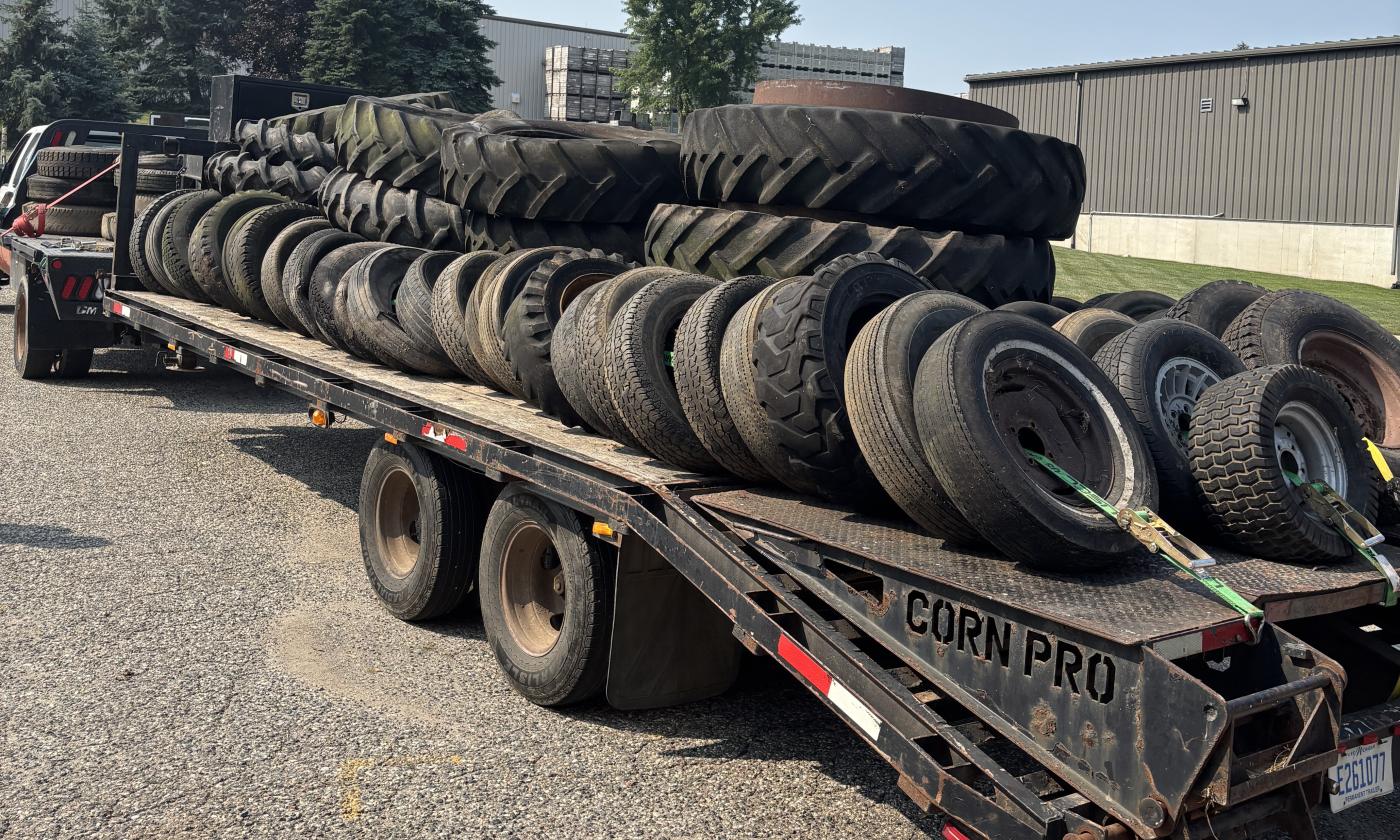 Tires on a trailer, waiting to be loaded for the Kent County Farm Bureau tire recycling event.