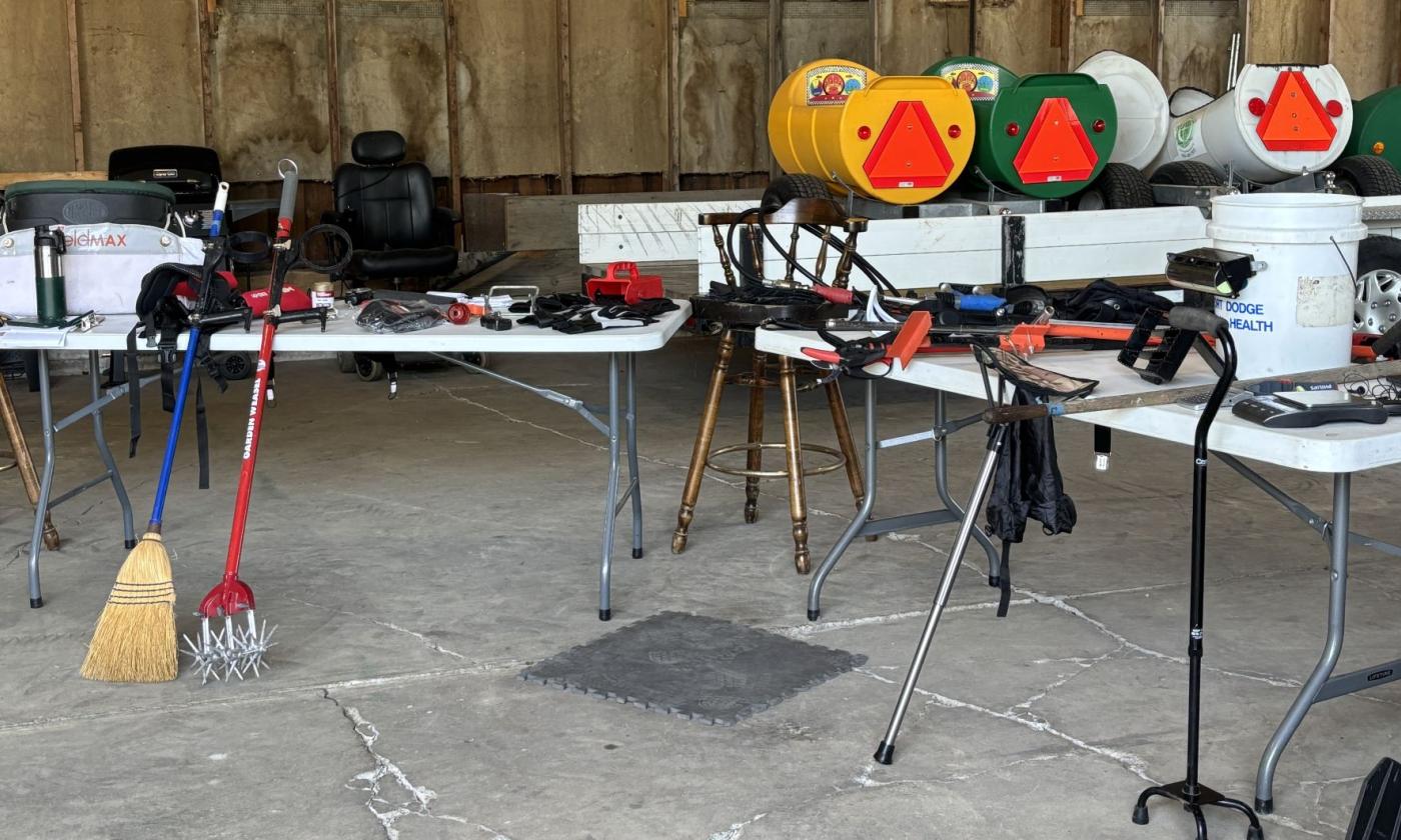 A table of adaptive equipment for farmers.