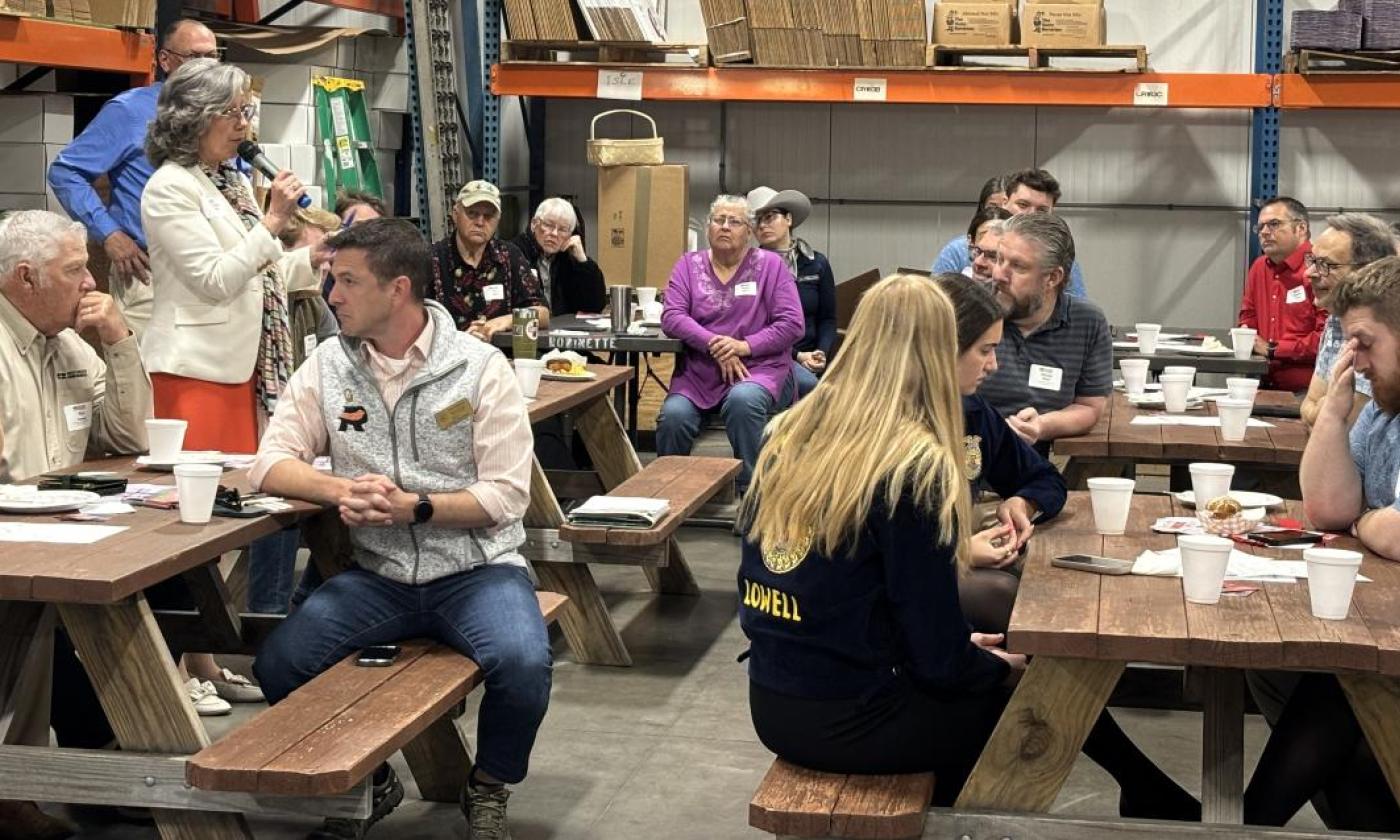 Rep. Gina Johnsen speaks to the deer herd management issue at the 2026 Kent County Farm Bureau Legislative Breakfast.