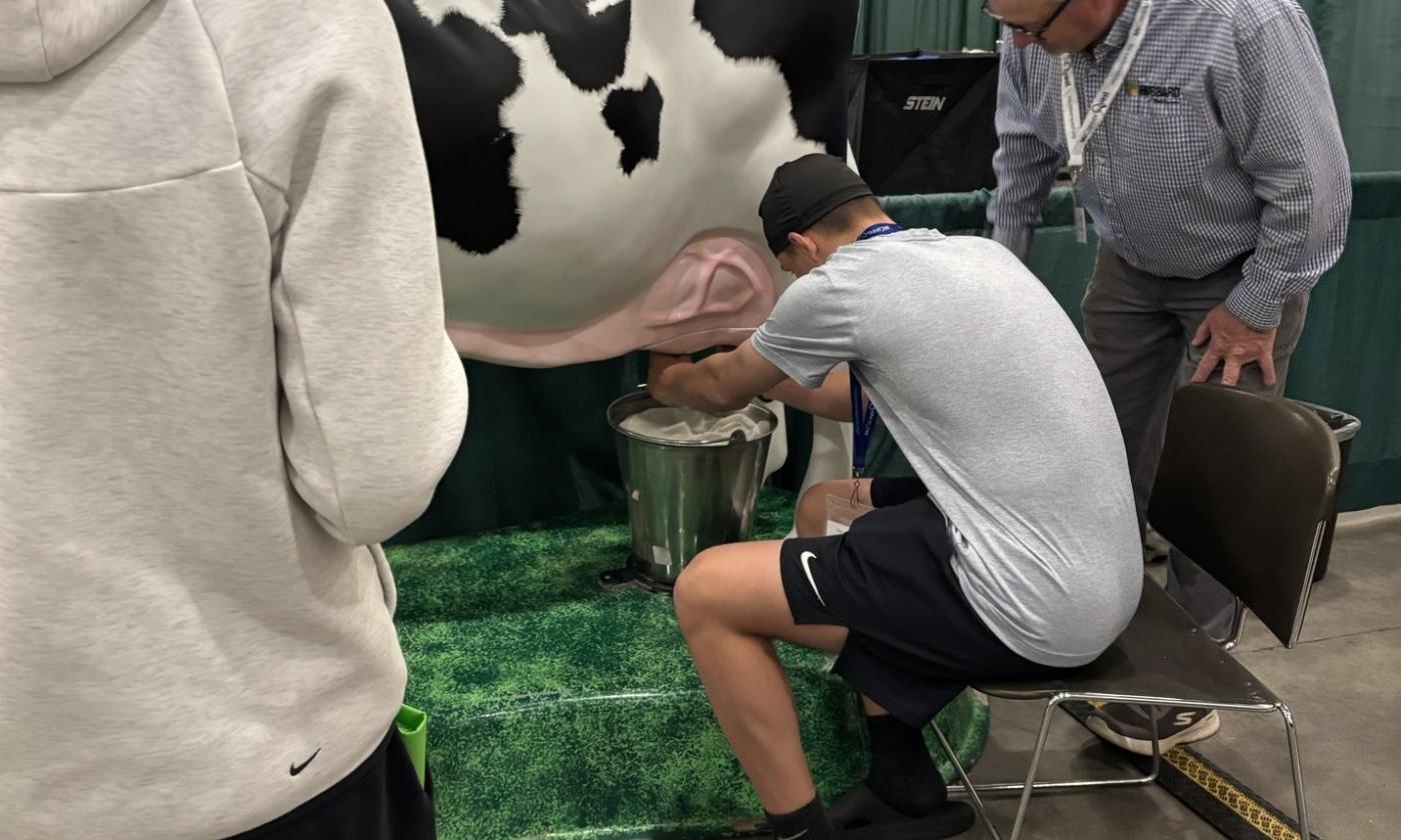 Students milking Kaycee at the 2026 MiCareerQuest booth Picture Yourself in Agriculture.