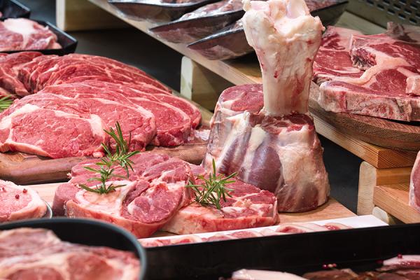Ram meats on display in a butcher shop.