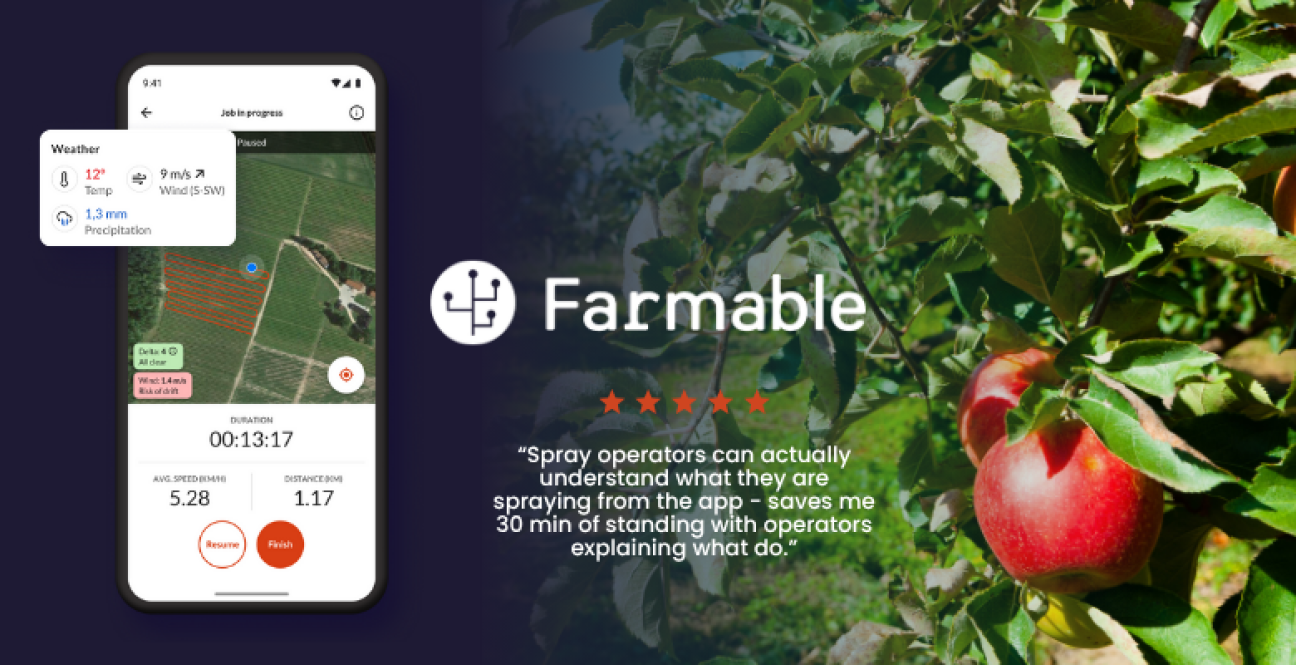 A smart phone displaying the Farmable app on its screen with the Farmable logo next to it overlaid over a close-up of an apple growing on a tree.