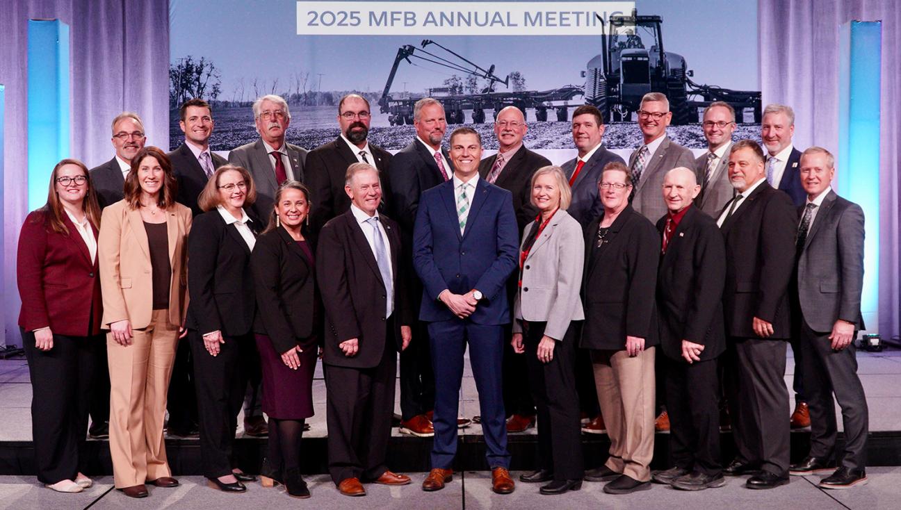 Portrait of the 2026 MFB Board smiling from the stage of the 2025 State Annual Meeting.