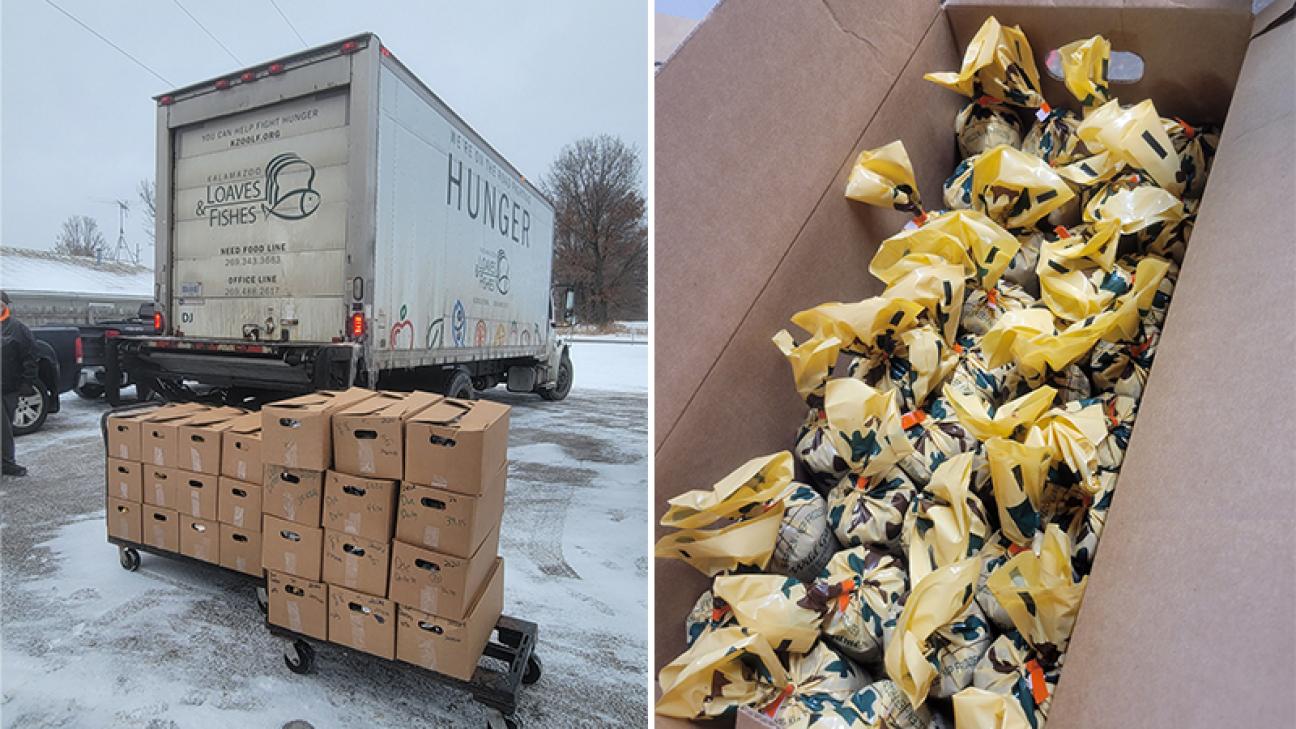 Side-by-side images depicting food donations from the Kalamazoo County Farm Bureau Doe Derby.