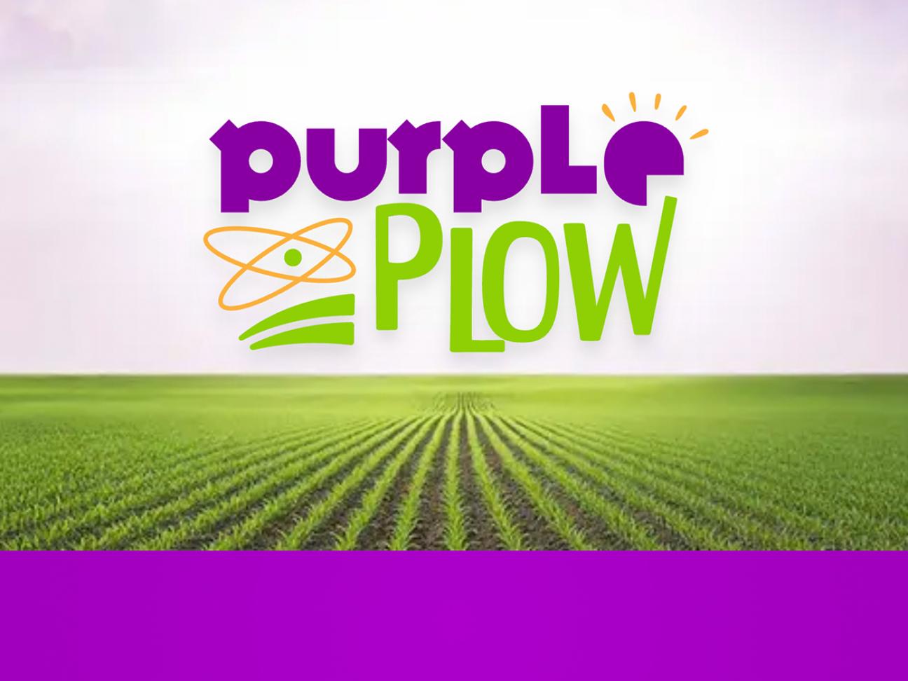 Stylized text reading "PURPLE PLOW" superimposed over a wide shot of a field planted with row crops.