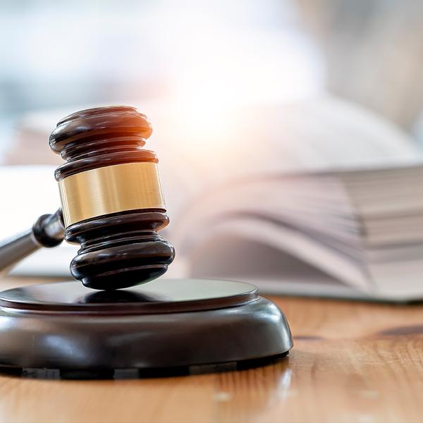 Stock image of a gavel resting next to a thick policy book.
