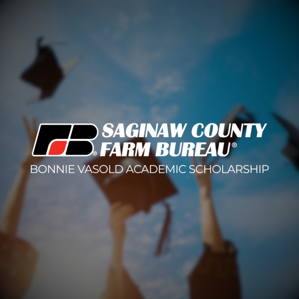 group of graduates throwing their caps in the air with a blue, cloudy sky behind, and the Saginaw County Farm Bureau logo in front with the words "Bonnie Vasold Academic Scholarship" below it.